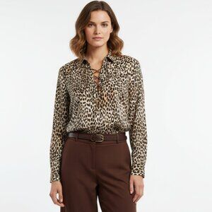 Chico’s Brown & Black Animal Print Long Sleeve Tie Bodice Tunic Blouse Top 3 XL